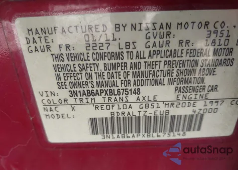 2011 Nissan Sentra 2.0S z USA, uszkodzony, nr VIN 3N1AB6APXBL675148